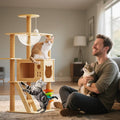 Large Cat Tree,120 Tall Wooden Cat Tower with Spacious Cave,Transparent Space Capsule,8 Fully Scratching Posts and Natural Wood Posts, Kitty Condo with Multi-Layer Platform