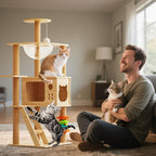 Large Cat Tree,120 Tall Wooden Cat Tower with Spacious Cave,Transparent Space Capsule,8 Fully Scratching Posts and Natural Wood Posts, Kitty Condo with Multi-Layer Platform