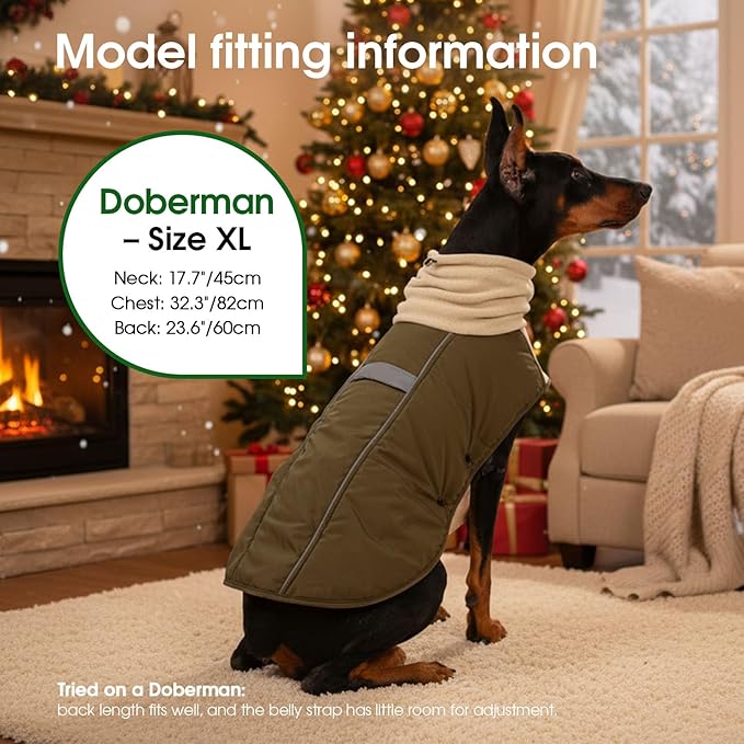 ASENKU Dog Coat, Dog Winter Jackets with Fleece Turtleneck, Windproof, Reflective Pet Snow Jacket for Cold Weather, Coats for Extra Large Size Dogs, Army Green, XXXXL
