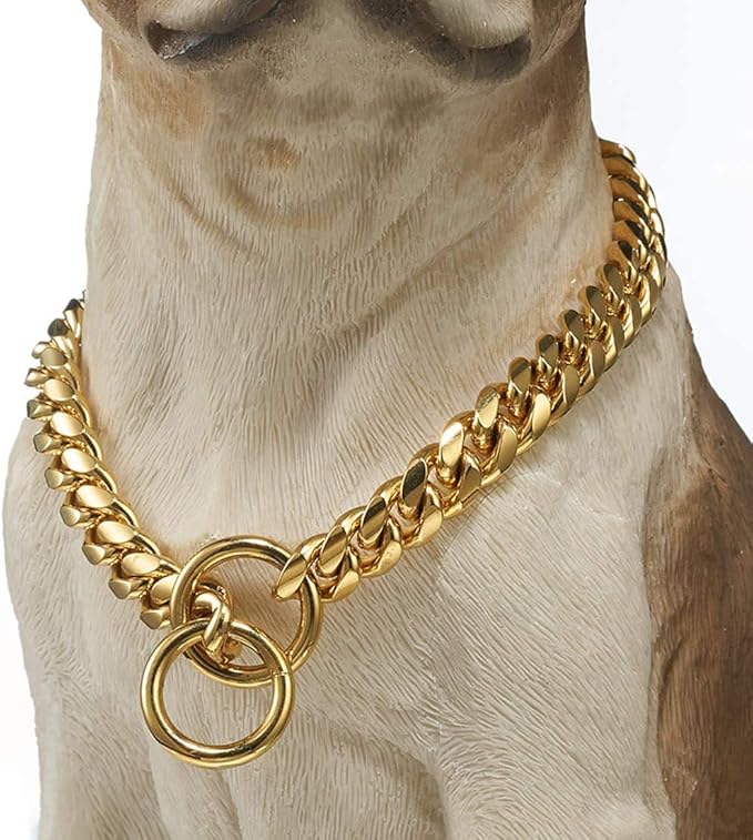 Strong 18K Gold Plated Dog Chain Collar Stainless Steel Width 10mm,12mm,15mm,18mm Cuban Link Choke Collar for Dog's Training,Daily Use (10mm,14'')