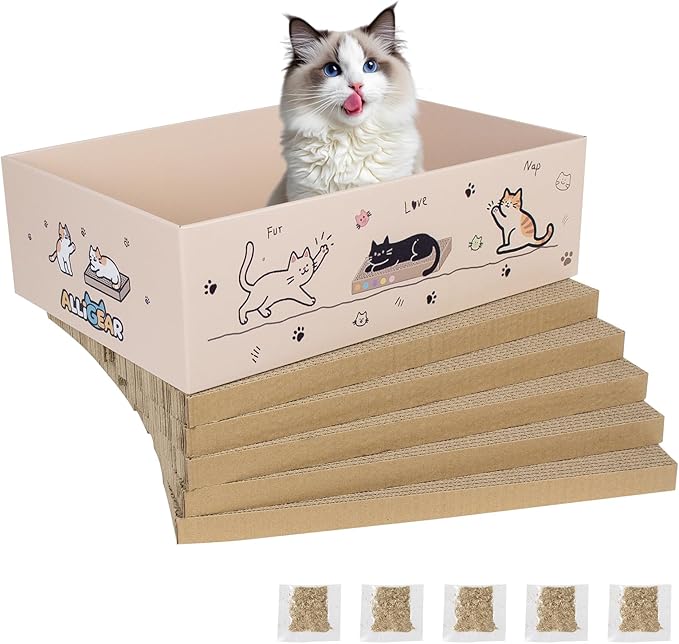 Large Cat Scratcher Pad with Box, Reversible Corrugated Cardboard Scratch Pad, Kitten Scratching Board with Catnip, Durable Recycle Scratching Pads, 5 Pack, L