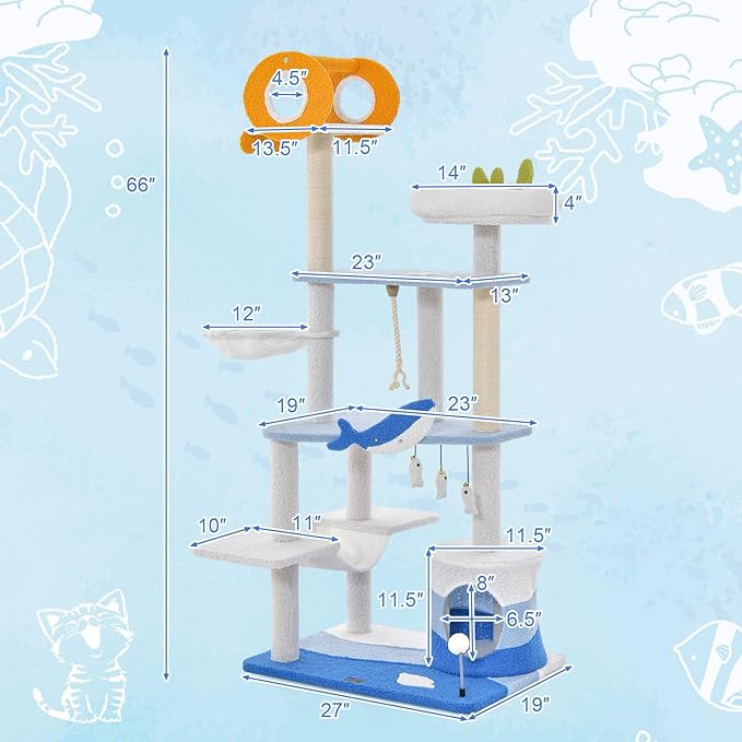 PETSITE Ocean-Themed Cat Tree for Indoor Cats, Multi-Level Cat Tower with Natural Sisal Scratching Posts, Hanging Toys and Padded Top Perch, Modern Cat Tree for Large Cats 20 lbs Heavy Duty (66")