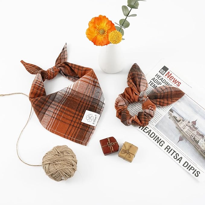 E-Clover Fall Dog Bandana & Matching Scrunchie-Christmas Dog Bandana Triangle Plaid Pet Scarf Bib for Medium Large Dogs Girl Boy Owner Gift