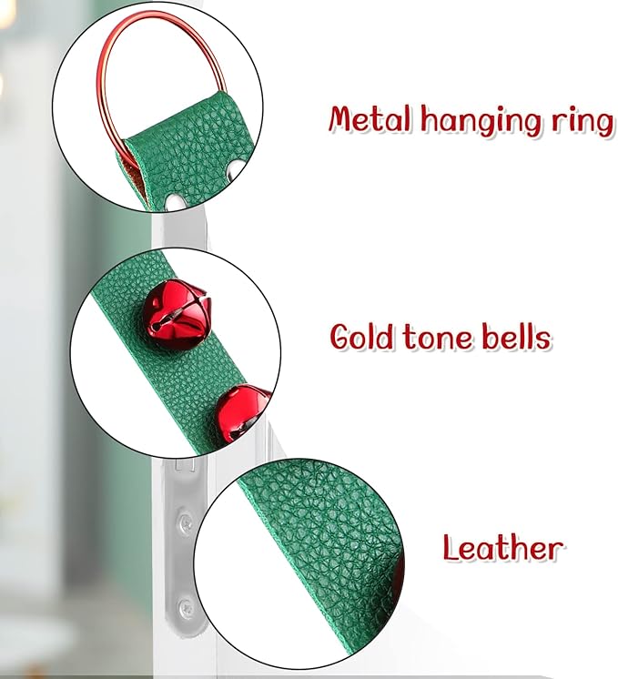 Frienda Hanging Jingle Sleigh Bells 7-Bell Dog Doorbells for Door Knob Faux Leather Belts Go Outside Dog Bells Christmas Decor and Holiday Decorations, 18.7 x 1.8 x 1 Inches(Green with Red)