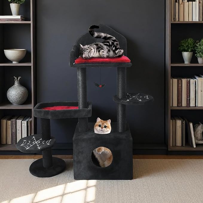 Montary 44.5" Gothic Multi-Level Cat Tree Tower, Featuring A Removable Cushion, Hammock, Cozy Cat Nest, Interactive Toy, Soft Fabric, Black