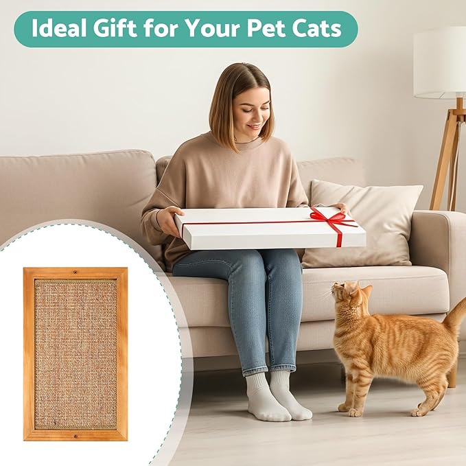 Cat Scratching Post, Wooden Sisal Cats Wall Scratcher, Floor or Wall Mounted Vertical Cat Scratch Pad for Indoor Cats Adults or Kittens, Scratching Board Cat Wall Furniture Protector