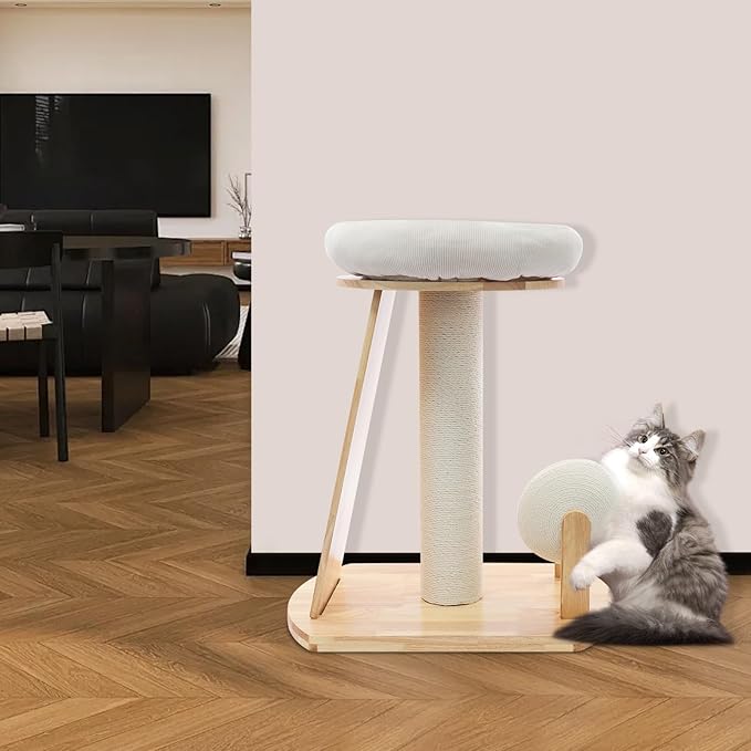 Wooden Cat Tree with Cuddle Bed and Scratching Posts, Multi-Level Cat Tower with Ramp and Ball, Compact Cat Furniture for Indoor Cats, Rubberwood Sisal Cat Climber for Small Spaces ﻿ (Style 1)