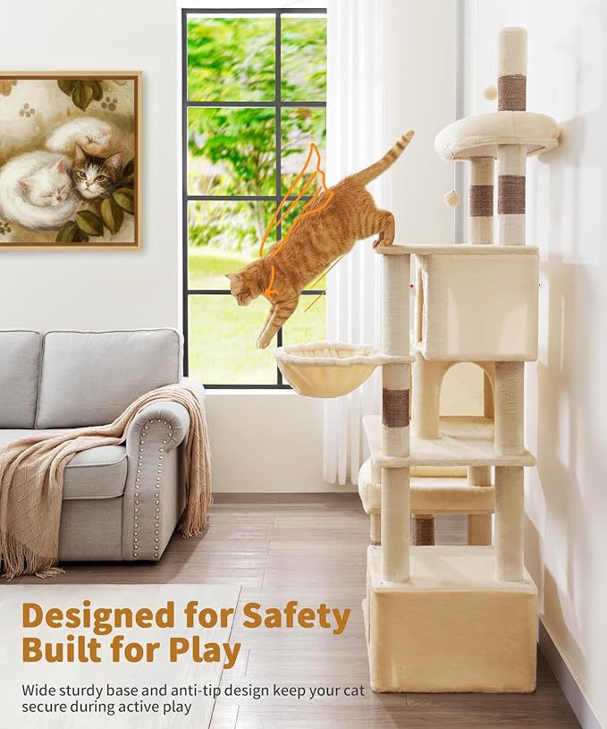 Heavy Duty Cat Tree for Indoor Cat, 74 Inch Cat Tower with Scratching Post, Hanging Basket, Cat Condo with Large Platform for Large Cats, PMT04BW, Beige