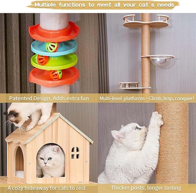 Floor to Ceiling Cat Tree Adjustable Height (95-120 Inches) - 5 Tier Tall Cat Tower for Large Cats, Sturdy Sisal Scratching Post with Condo, Space-Saving Design for Multi-Cat Households