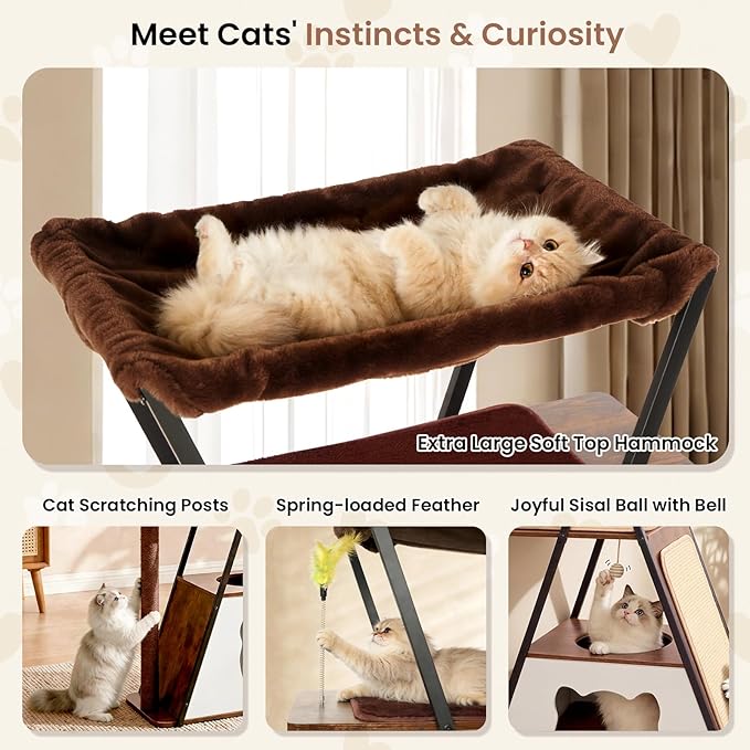 71" Modern Wood Cat Tree for Large Cats—Heavy Duty Tall Cat Tower for Indoor Cats, Multi-Level Cat Furniture with Condo, Large Perch, Scratching Posts & Hammock (Burnt Wood with White Cave)