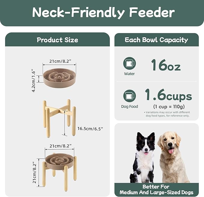 Ceramic 1.6 Cup Raised Slow Feeder Dog Bowl Set, Elevated Wooden Stand for Medium and Large Dog, 8.2inch Puzzle Slow Dish, Anti-Gulping(Brown Coffee, Single Bowl+ Stand)