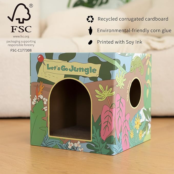 CHICHIPAWS Cardboard Cat Scratcher House with 2 Scratch Boards – Peekaboo Cave & Hideaway, Playhouse for Indoor Pets, Corrugated Scratching Cube for Kittens, Rest Box Bed with Catnip, Durable Fun