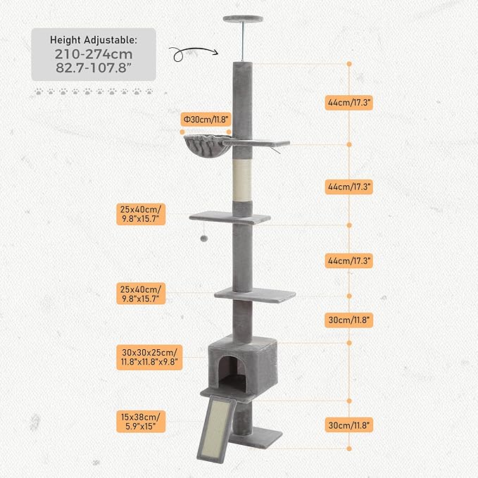 PETEPELA Floor to Ceiling Cat Tree, Cat Tower 5 Tiers Tall (83-108 Inches) Adjustable Height, Cats Climbing Tree Featuring with Condo, Scratching Post and Big Perches for Indoor Cats, Grey