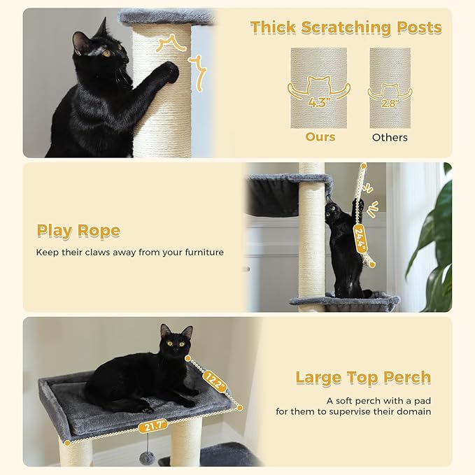 67" Heavy Duty Cat Tree for Indoor Cats Large Adult, XXL Cat Tower with 8 Thick Scratching Posts (φ4.3), Large Perch, Spacious Condo & Big Hammock - for Maine Coon up to 20 lbs, Grey