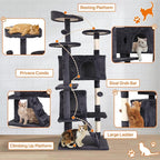70 Inch Light Gray Cat Tree, Tall Cat Tower with 2 Condos, 3 Scratching Posts, Multi-Level Platforms - Sturdy Climbing Structure Tall Cat Tower for Indoor Cats