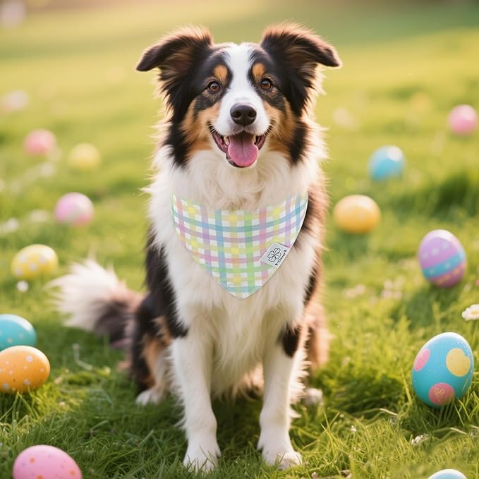 E-Clover Spring Easter Dog Bandanas & Matching Scrunchie Set Cute Girl Dog Scarf Bibs Pet Bandana with Bow Tie for Small Dogs Puppy Owner Mom Colorful Plaid