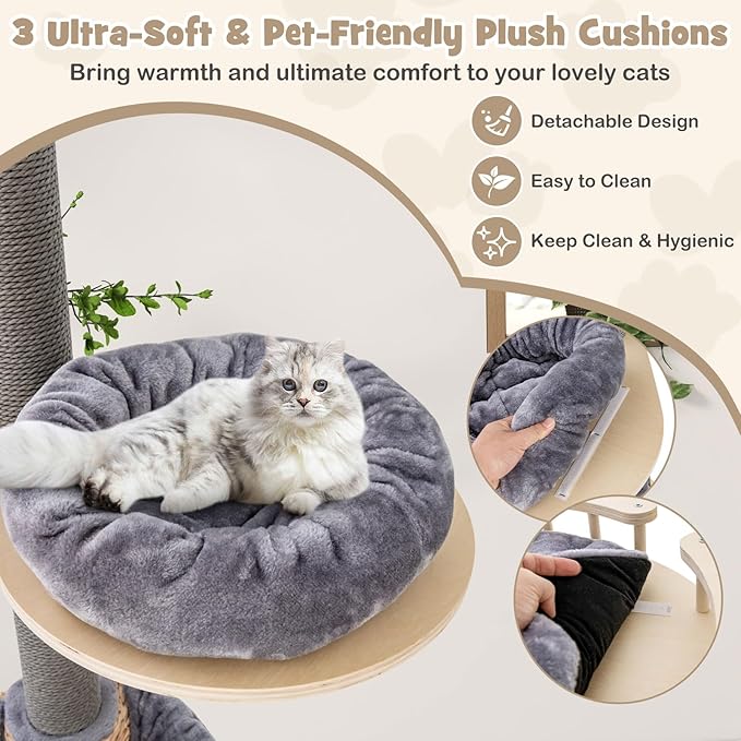 PETSITE Floor to Ceiling Cat Tree with 93”-107” Adjustable Height, 5-Tier Wooden Cat Climbing Pole with Scratching Post, Cozy Hammock and Basket Bed, Floor to Ceiling Cat Tower