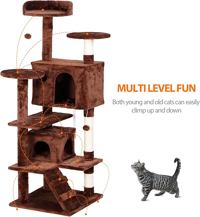 LEMY 54 Inch Cat Tree,Multi-Level Cat Tower Condo for Indoor Kittens,Brown Cat House with Sisal-Covered Scratching Post for Cats to Play and Sleep