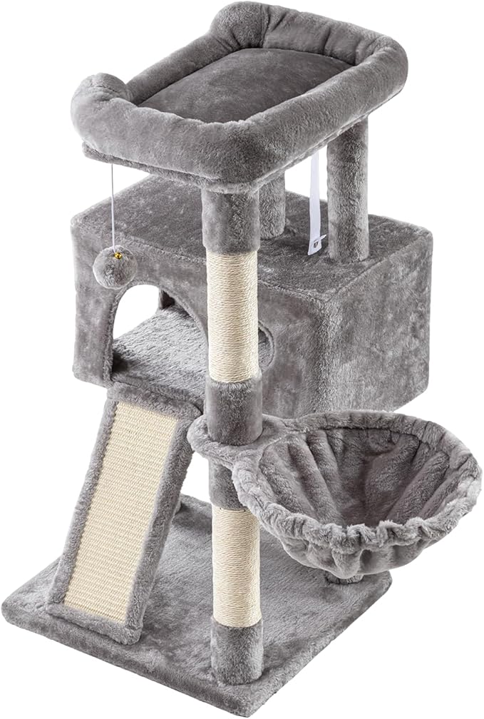 IMUsee Cat Tree for Indoor Cats, Multi-Level Cat House Condo with Large Perch, Scratching Posts, Hammock, Cat Climbing Stand with Toy for Small Cats Kittens Play Rest, 36" Tall, Grey