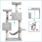 Hey-brother Large Multi-Level Cat Tree Condo Furniture with Sisal-Covered Scratching Posts, 2 Bigger Plush Condos, Perch Hammock for Kittens, Cats and Pets Light Gray MPJ020W