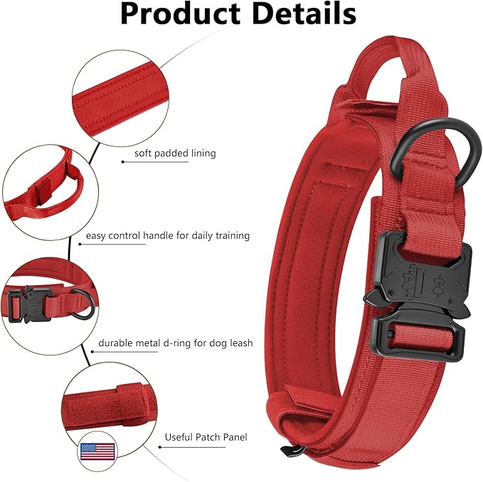 DAGANXI Tactical Dog Collar, Adjustable Military Training Nylon Dog Collar with Control Handle and Heavy Metal Buckle for Medium and Large Dogs, with Patches and Airtags Case (Red, M)
