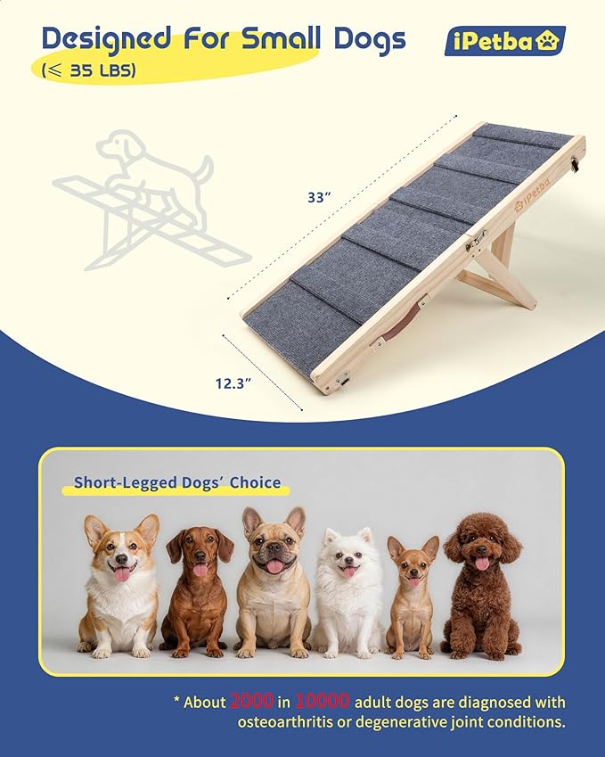 Dog Ramp for Couch & Bed - Joint & Spine Support with Gentle Incline for Small Dogs, Adjustable, Anti-Slip & Foldable, Up to 35 lbs