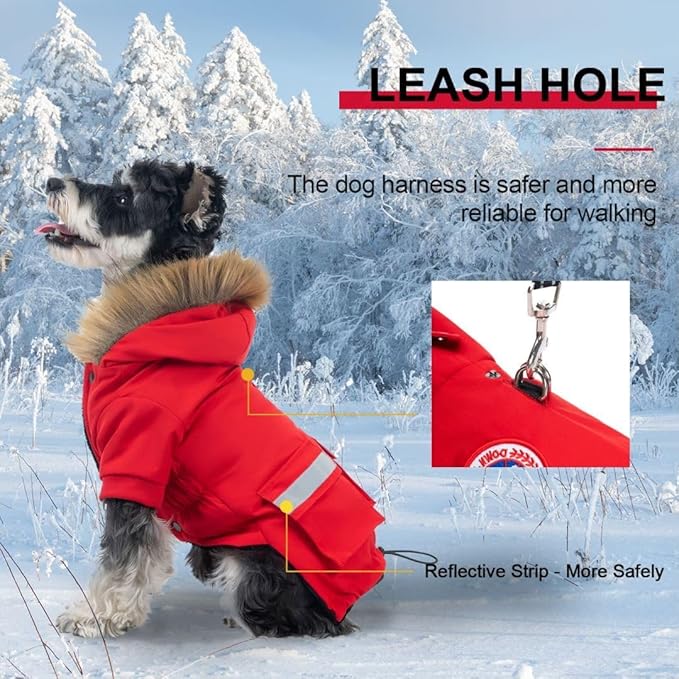 PINA Dog Coats - Waterproof Winter Jacket with Flannel Lining, Faux Fur Hood & Pocket for Small Dogs