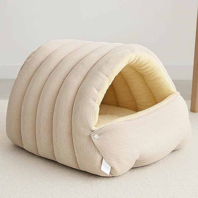 Cozy Cat Cave Bed, Enclosed Winter Cat House with Removable & Machine Washable Cover, Upgraded Warm Plush Cushion for Indoor Cats & Small Dogs (Beige)