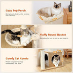 Modern Cat Tree for Indoor Cats, Small Cat Tower with Cat Condo, Scratching Posts, Top Perch and Metal Frame Hammock, Wooden Play House with Anti-Slip Mat, Beige