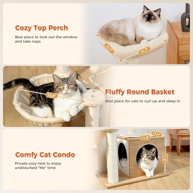 Modern Cat Tree for Indoor Cats, Small Cat Tower with Cat Condo, Scratching Posts, Top Perch and Metal Frame Hammock, Wooden Play House with Anti-Slip Mat, Beige