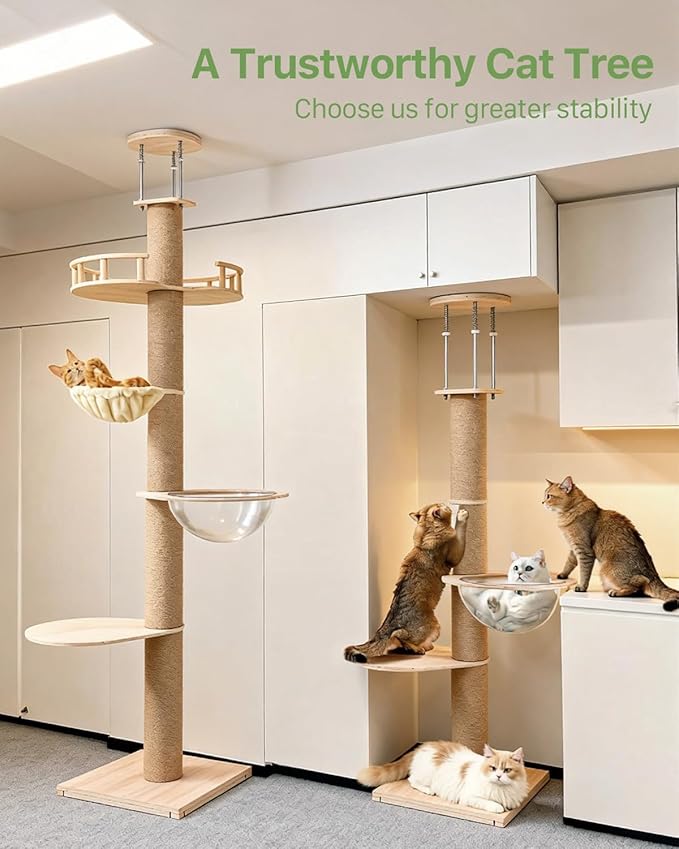 Floor-to-Ceiling Cat Tree Height Adjustable (55-115in) | 4-Level Heavy Duty Cat Activity Center with Scratching Posts, Jump Platforms, Hammock | Space-Saving Tall Cat Tower for Indoor Cats