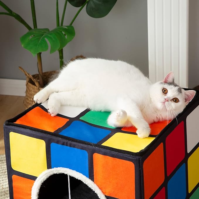 LUCKITTY Cat Condo House with Reversible Cushions and Fluffy Ball Hanging, Foldable Magic Cube, Large Cave Bed for Indoor Cats, Unique Puzzle Shape 15.7“ x 15.7" x 13.4”