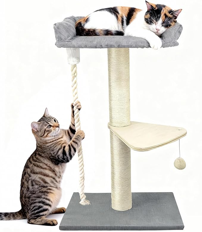 35" Cat Tree Tower for Indoor Cats, Tall Cat Scratching Post with Large Bed for Maine Coon Big Cats, Sisal Cat Scratcher with Soft Perch & Hammock, Stable Cat Stand, Gray