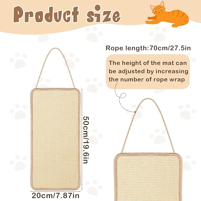 2 Pack Sisal Door Cat Scratching Mat Double Use Hanging Scratcher Wall Floor Mount Cat Scratch Mat Kitty Scratching Pad for Indoor Kitten with Hemp Rope, 7.87"x19.69"(Regular,Natural)