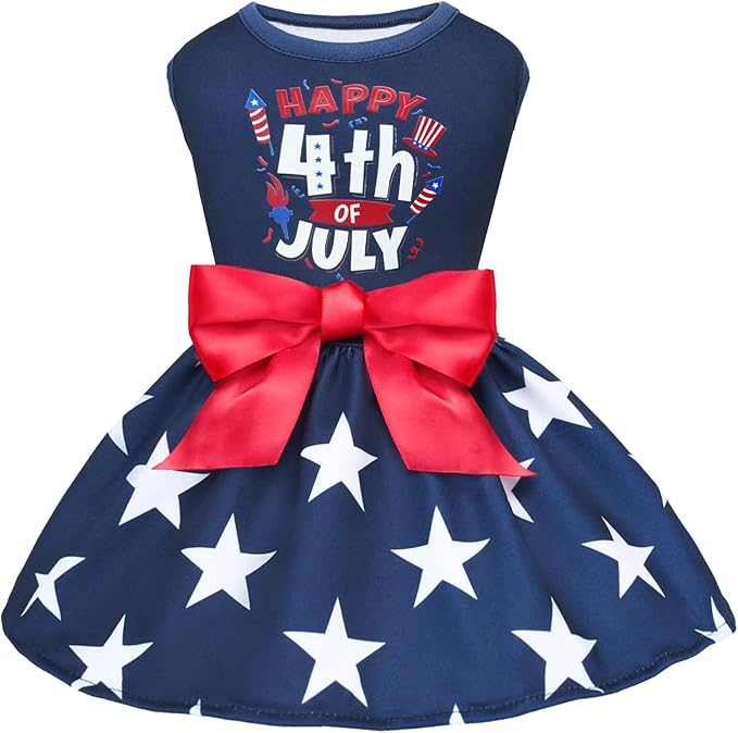 XPUDAC 4th of July Dog Dress Patriotic Clothes Stars Skirt with Bow Independence Day Doggie Outfit Pet Holiday Apparel for Small Dog Girl Cat, XXS