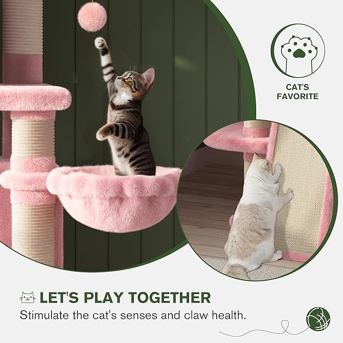 MUTICOR 68 Inches Multi-Level Large Cat Tree Tower with Condo/Cozy Plush Perches/Sisal Scratching Posts and Hammocks/‌Feline Activity Center Play House/Wide Base/Pink