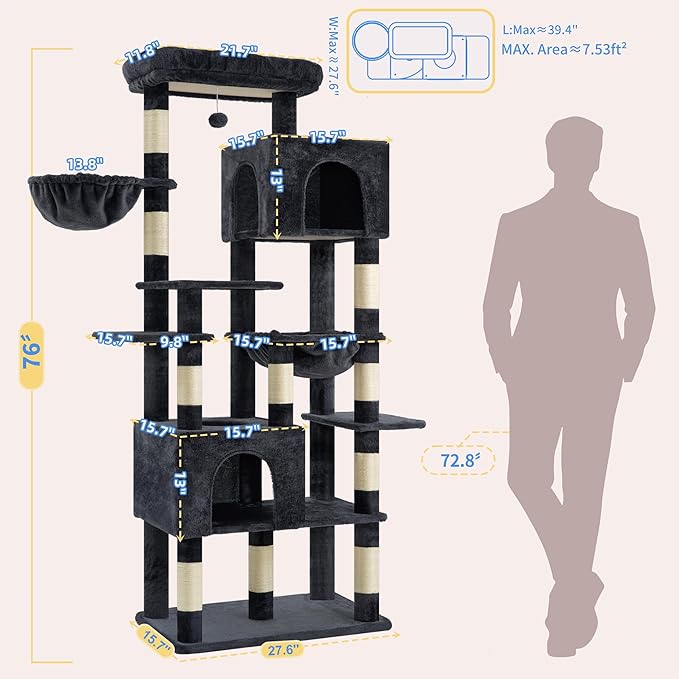 Heybly Cat Tree, 76-Inch Tall Heavy Duty Cat Tower for Big Cats with Extra Wide Baseboard, Multi-Level Large Cat Furniture with 2 Condos & 2 Hammocks, 10 Scratching Posts, Smoky Gray HCT039G