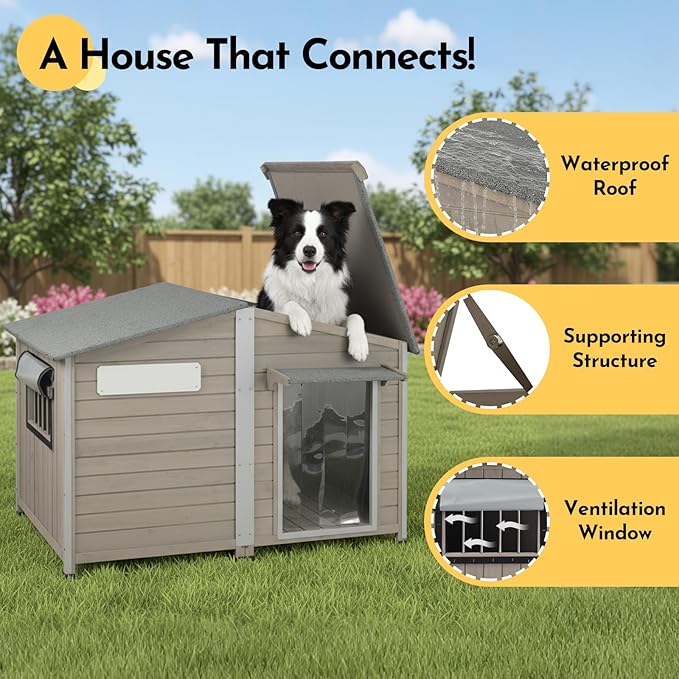 55''L Extra Large Dog House Outdoor Weatherproof, Wooden XL Dog Houses Kennel Breed with Waterproof Roof, Chew-Proof Iron Frame, Doghouse Pet Shelter Fits Small to Large Dogs