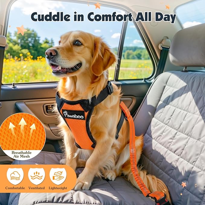 Pawaboo Dog Seat Belt Harness for Car, Dog Car Harness Seatbelt with Double Clips, Adjustable Breathable Pet Vest & Dogs Safety Tether with Elastic Bungee for Small Medium Large Pet, XXL, Orange/Black