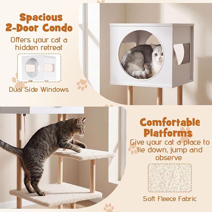 Tangkula Modern Cat Tree, 40 Inches Minimalist Wood Cat Tower with Rubber Wood Posts, 2 Cardboard Scratching Pads, 2-Door Condo, Dangling Ball, Jumping Platforms for Indoor Cats