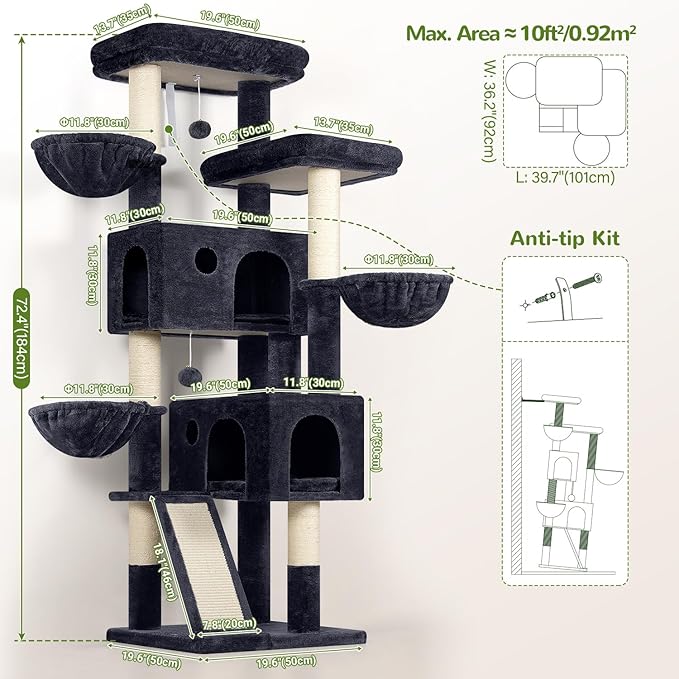 Globlazer Large Cat Tree, 72 inch Tall Cat Climbing Tower for Indoor Large Adult Cats Multi-Level Furniture Tree House with 2 Cozy Perches, 2 Padded Condos, 5 Sisal Scratching Posts, F72G, Dark Grey