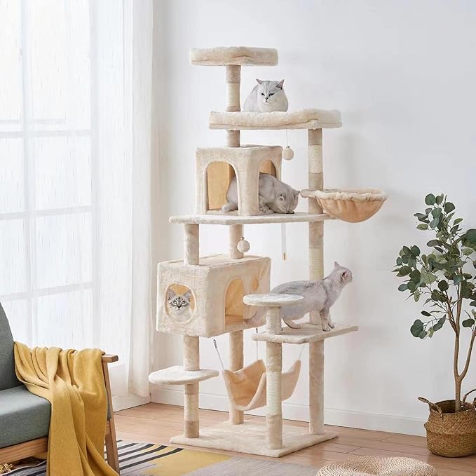 Cat Tree 71.6 inches Cat Tower for Indoor Cats, Multi-Level Cat Condo Furniture with Scratching Posts Plush Perches, Activity Center with Cozy Basket & Hammock for Large Cat,Beige