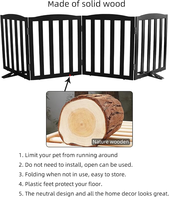 Freestanding Dog Gate Indoor,Doggie Gate Foldable Pet Gates for Doorways,Stairs or Hallways, Wooden Black Pet Gate for the House, Pet Fence with Support Feet Included,32 "Height-4 Panels