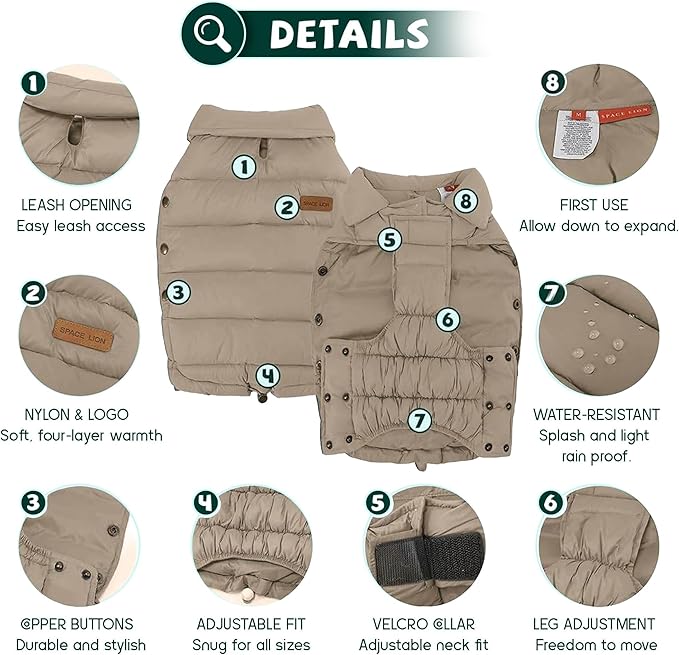 SPACE LION Dog Puffer Jacket, Down Winter Coat, Durable Outdoor Coat for Cold and Windy Conditions, Lightweight & Adjustable Fit Coats for Medium & Large Dogs,(Khaki, Size16/XL)