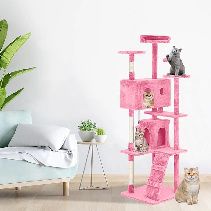 24/7 Shop at Home Court 70 inch Multi-Level Cute Cat Tree Tower with Dangling Ball and Scratching Posts for Indoor Cats Adults, Kitten Supplies, Pet House, Pink