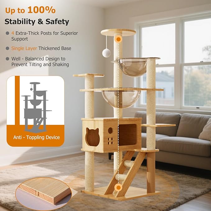 Large Cat Tree,131 Tall Wooden Cat Tower with Spacious Cave,2 Transparent Space Capsule,8 Fully Scratching Posts and Natural Wood Posts, Kitty Condo with Multi-Layer Platform