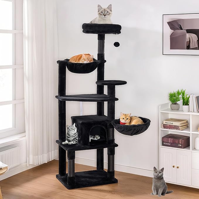 Tall Cat Tree,63in Multi-Level Cat Tower for Indoor Cats Large Adult,Gothic Cat Stand with Scratching Posts,Basket,Condo,Plush Perch,Cats Toys for Climbing,Interactive and Hidden,Black