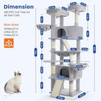 Cat Tree 82 in Multi-Level Cat Tower for Indoor Cats, Heavy Duty Large Cat Tree with Sisal Scratching Posts, Hammock, 2 Perches, 2 Condos, 2 Hanging Baskets, Light Grey