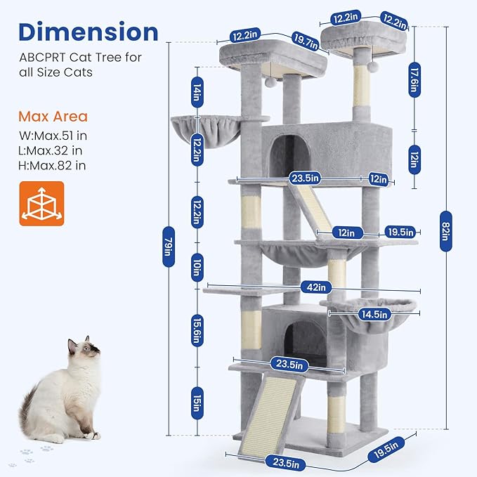 Cat Tree 82 in Multi-Level Cat Tower for Indoor Cats, Heavy Duty Large Cat Tree with Sisal Scratching Posts, Hammock, 2 Perches, 2 Condos, 2 Hanging Baskets, Light Grey
