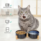 SPUNKYJUNKY Ceramic Dog and Cat Bowl Set with Wooden Stand, Modern Cute Weighted Food Water Set for Small Size Dogs (13.5OZ) & Medium Sized Dogs (28.7OZ) & Cats (1.7 Cups, 2 × Starry Blue)